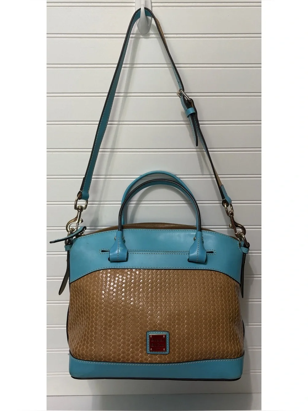 Dooney & Bourke Blue Leather Brown Woven Domed Satchel Shoulder Bag Purse Tote